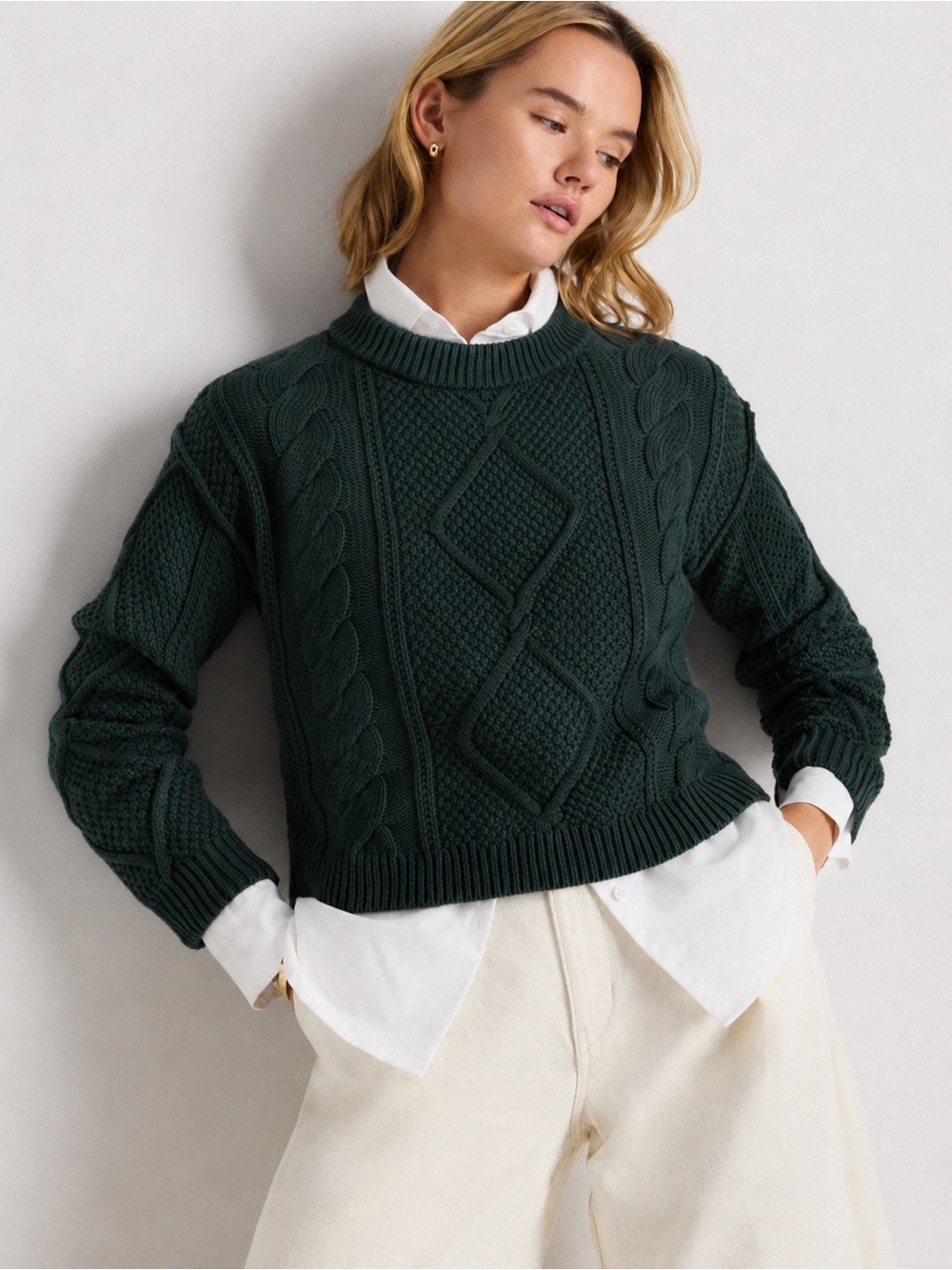 Quince Organic Cotton Cable Knit Cropped
Sweater Dark Spruce NWT S